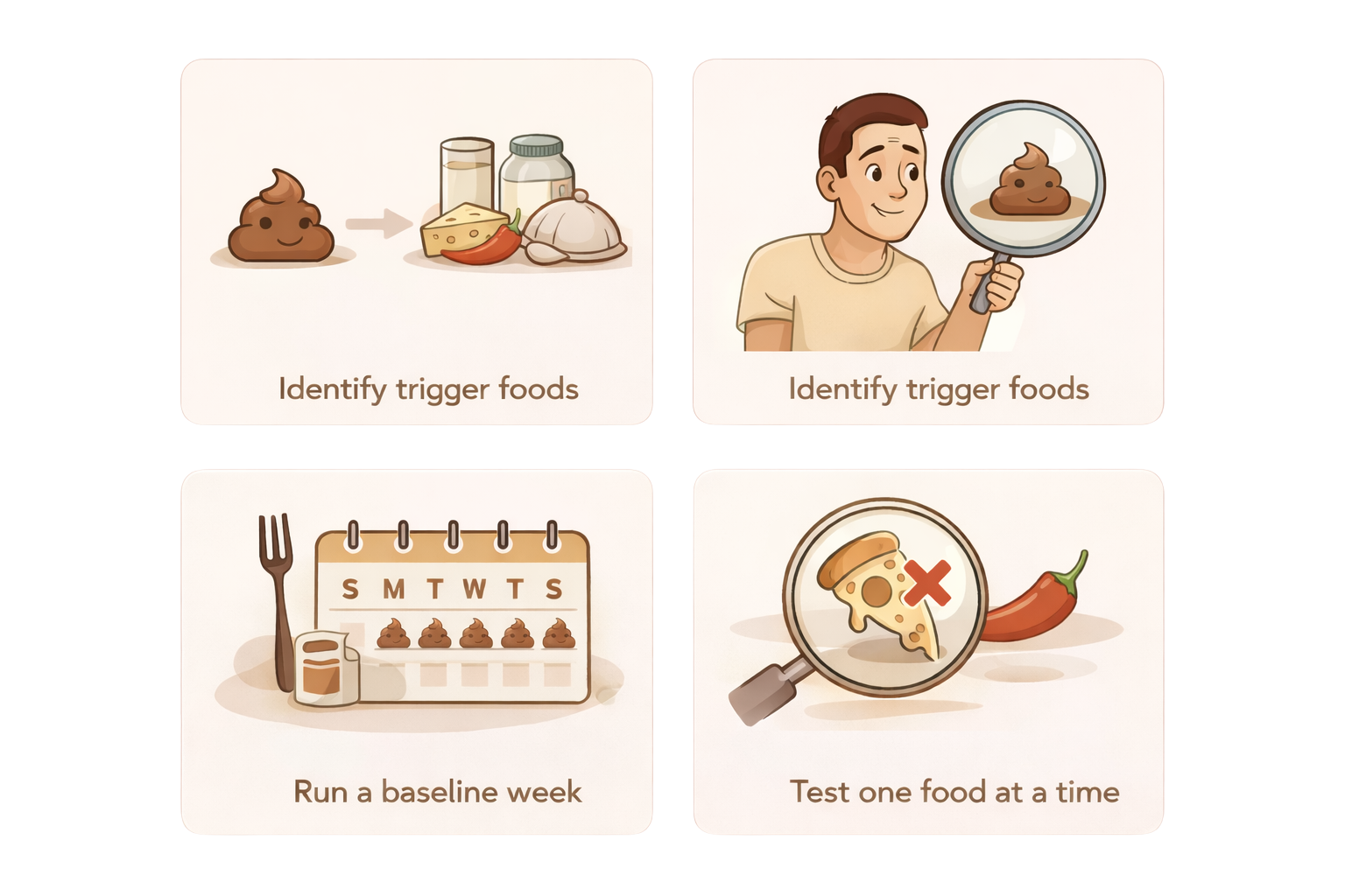 Illustration showing trigger food identification: tracking stool patterns, running a baseline week, and testing one food at a time