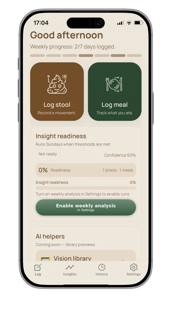 StoolSense app showing meal and stool tracking with weekly insights